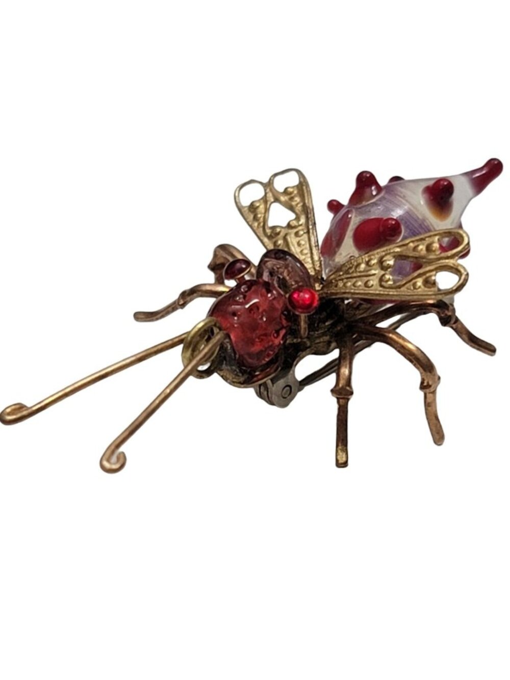 Art Red And Clear Glass Bead Gripoix Style Eyes Bug Insect Pin Brooch